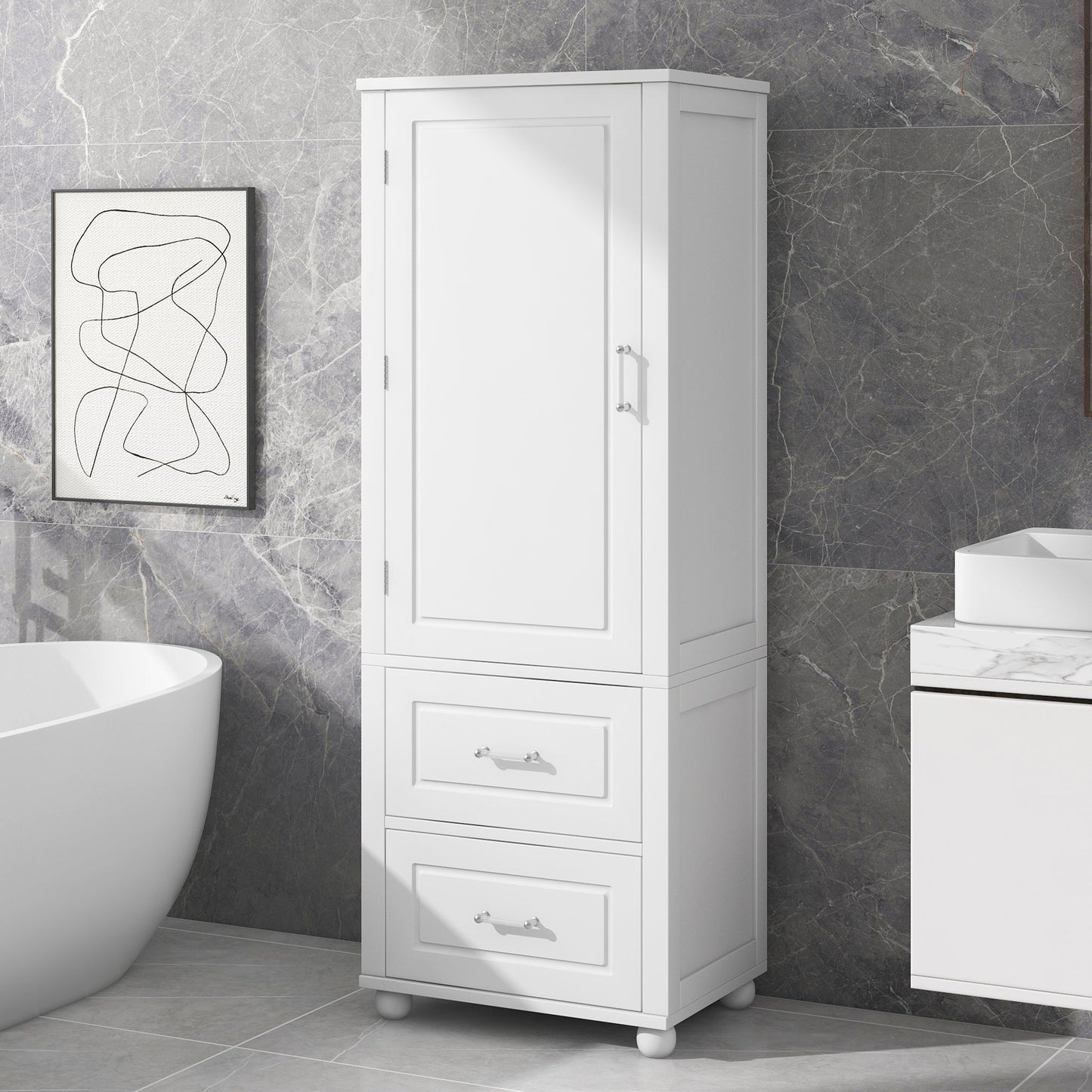 Tall bathroom storage cabinet with two drawers and adjustable shelves for independent storage - Korvel