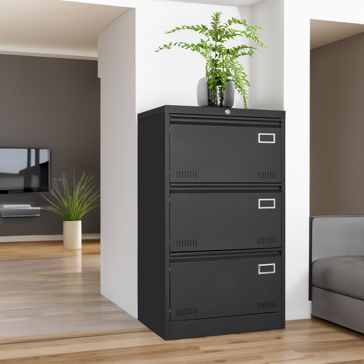 Filing Cabinet Lateral File Cabinet 3 Drawer Blcak Locking Metal File Cabinets Three Drawer - Korvel