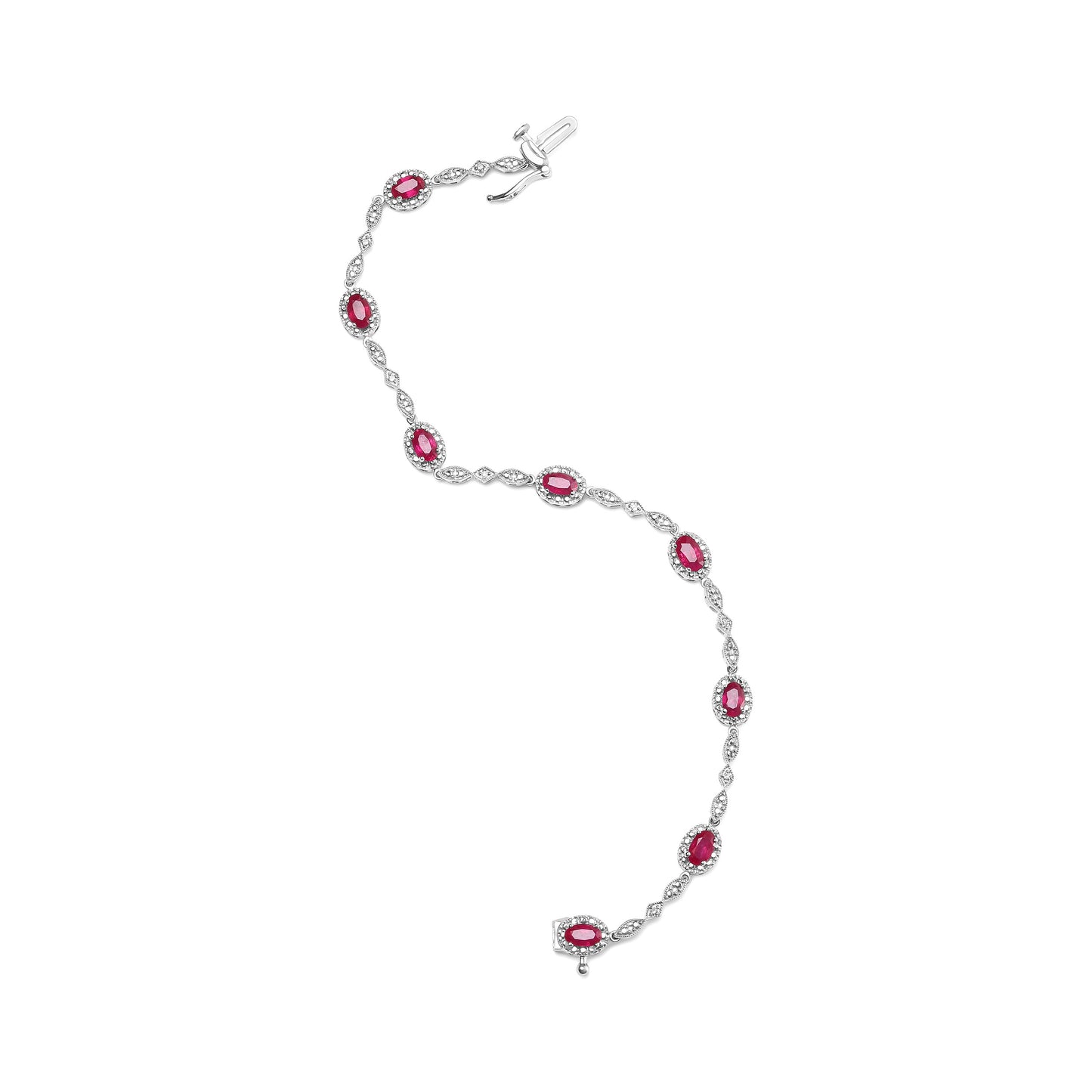 10K White Gold Ruby and Diamond Link Bracelet - Size 7"