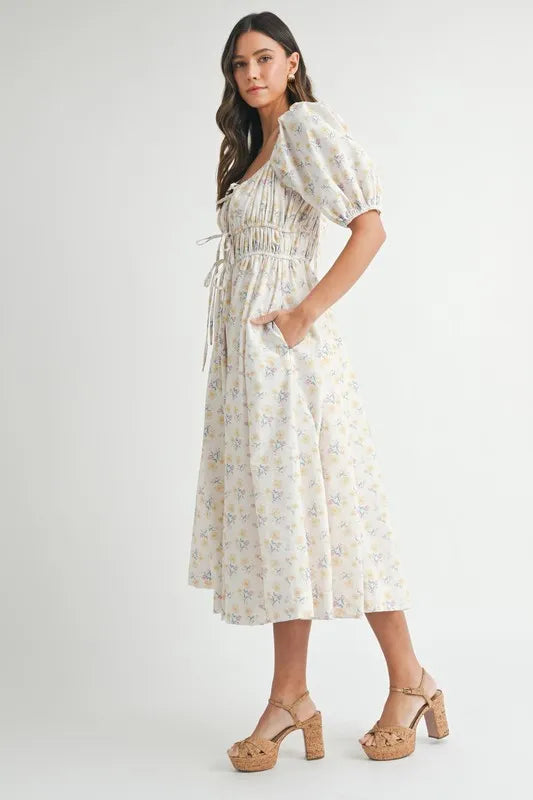 Floral Drawstring Detail Puff Sleeve Midi Dress