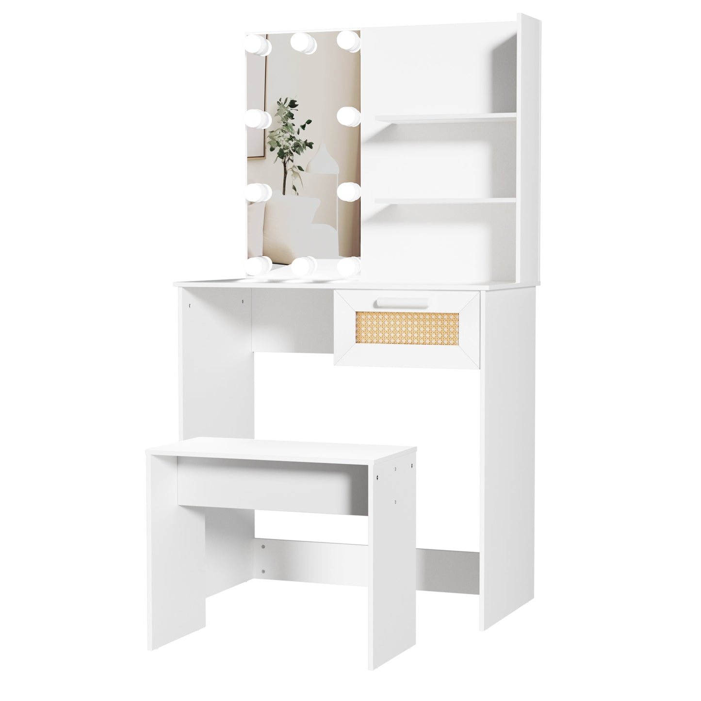 Vanity Desk Set Stool & Dressing Table with LED Lighting Mirror Drawer and Wood Cosmetic Table Chest of Drawers White Color - Korvel