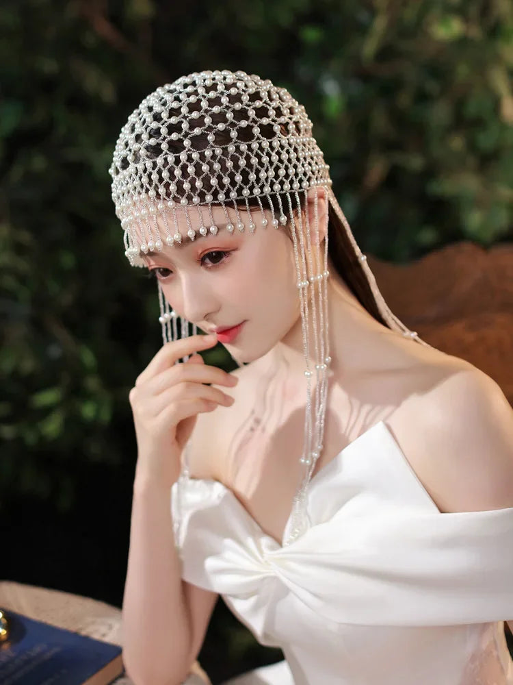 Handmade hollowed out headpiece performance pearl tassel hat - Korvel