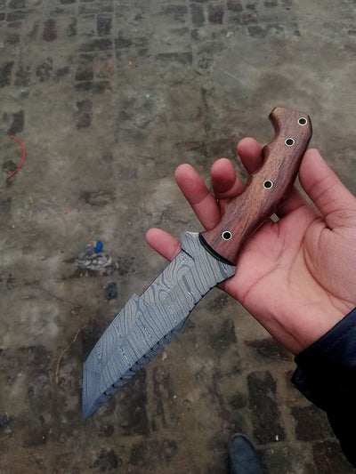 Premium Custom Damascus Tanto Tracker Knife with Elegant Rosewood Handle - 10" Overall Length, Versatile Serrated Blade - Korvel