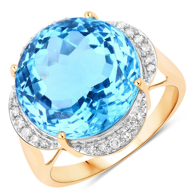 Bague en or jaune 14K avec topaze bleue suisse de 12,69 carats et diamants