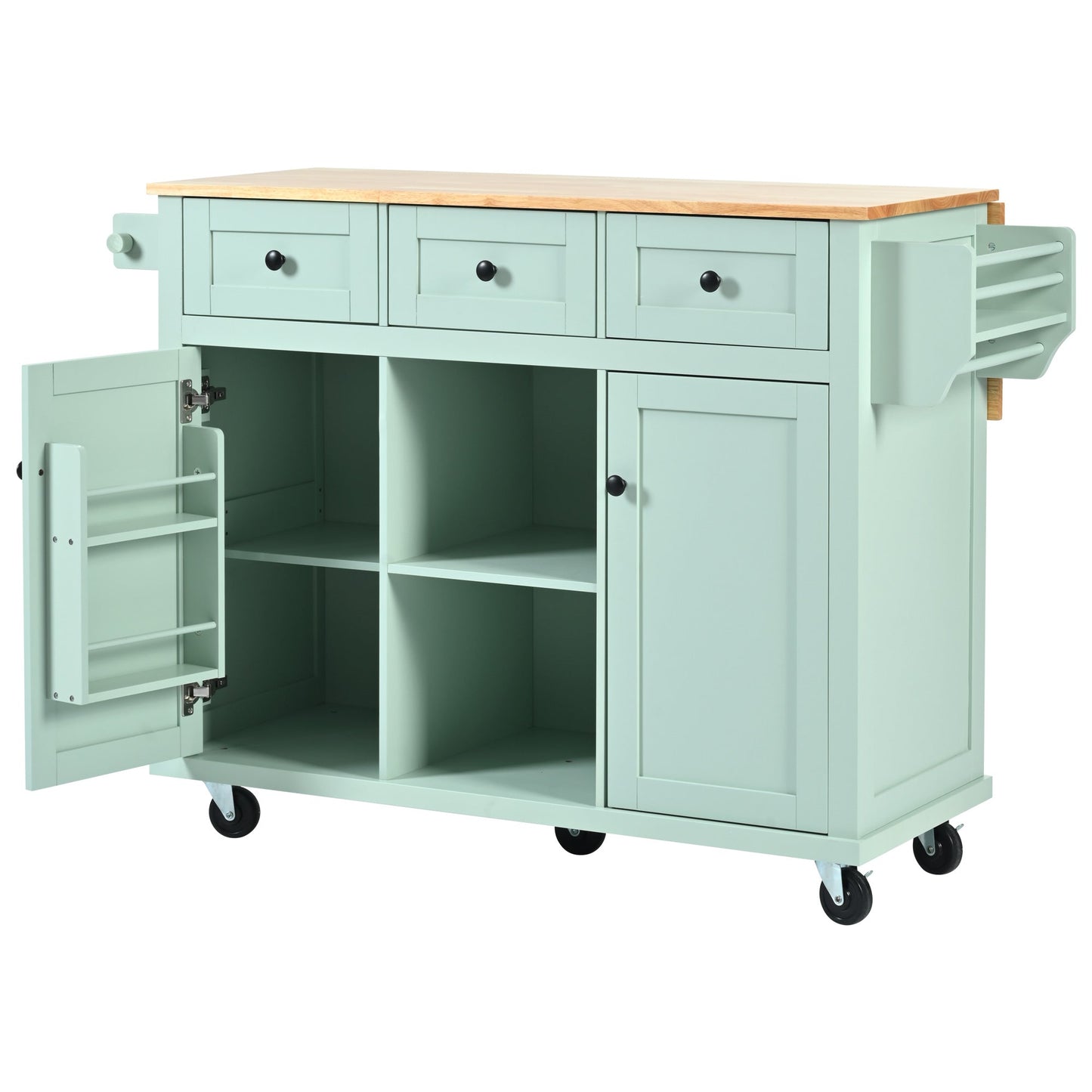 Kitchen trolley, cabinet door internal storage rack with storage cabinet and 3 dining room drawers, mint green - Korvel
