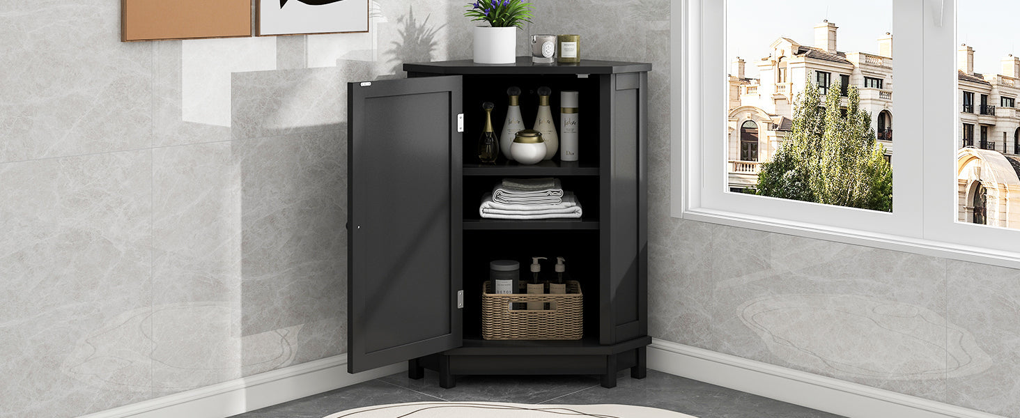 Black Bathroom Cabinet Triangle Corner Storage Cabinet with Adjustable Shelf Modern Style MDF Board - Korvel