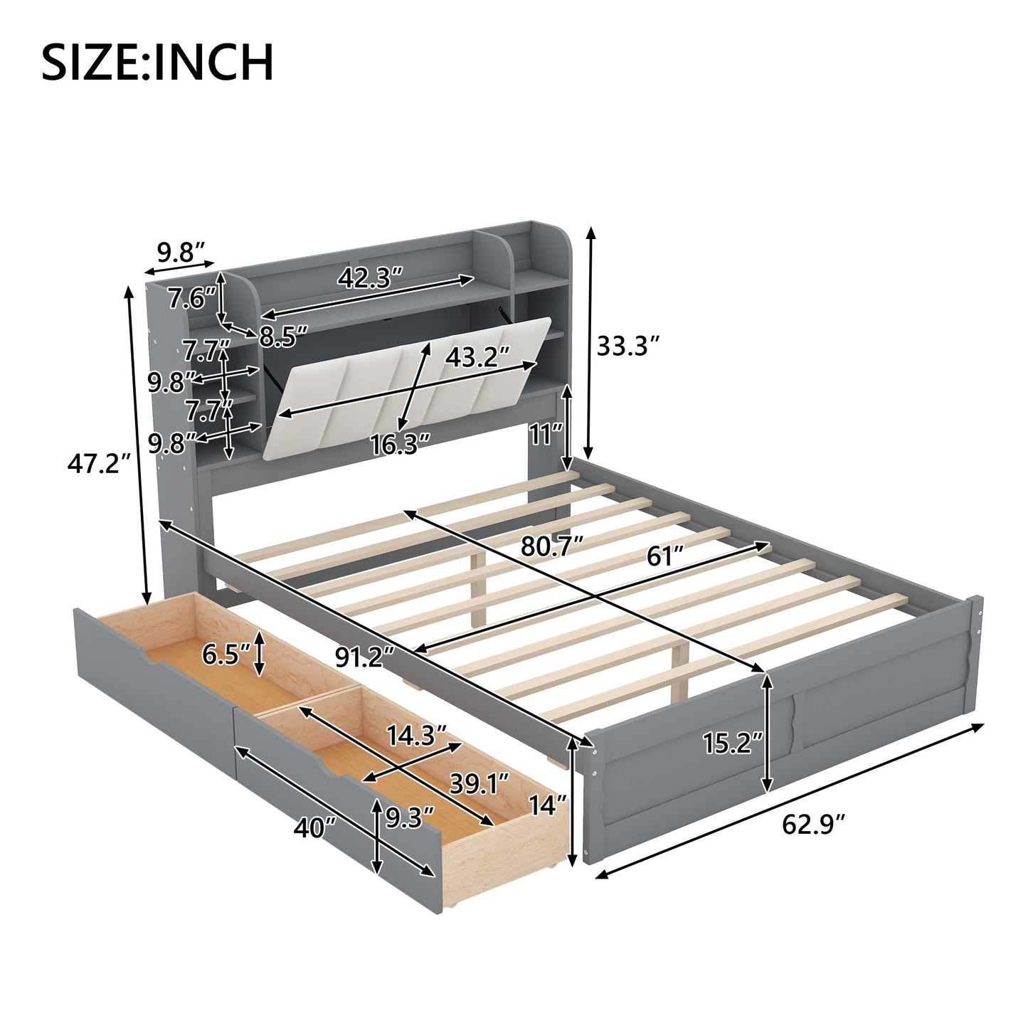 Wood Queen Size Platform Bed with Storage Headboard  Shelves and 2 Drawers  Gray - Korvel