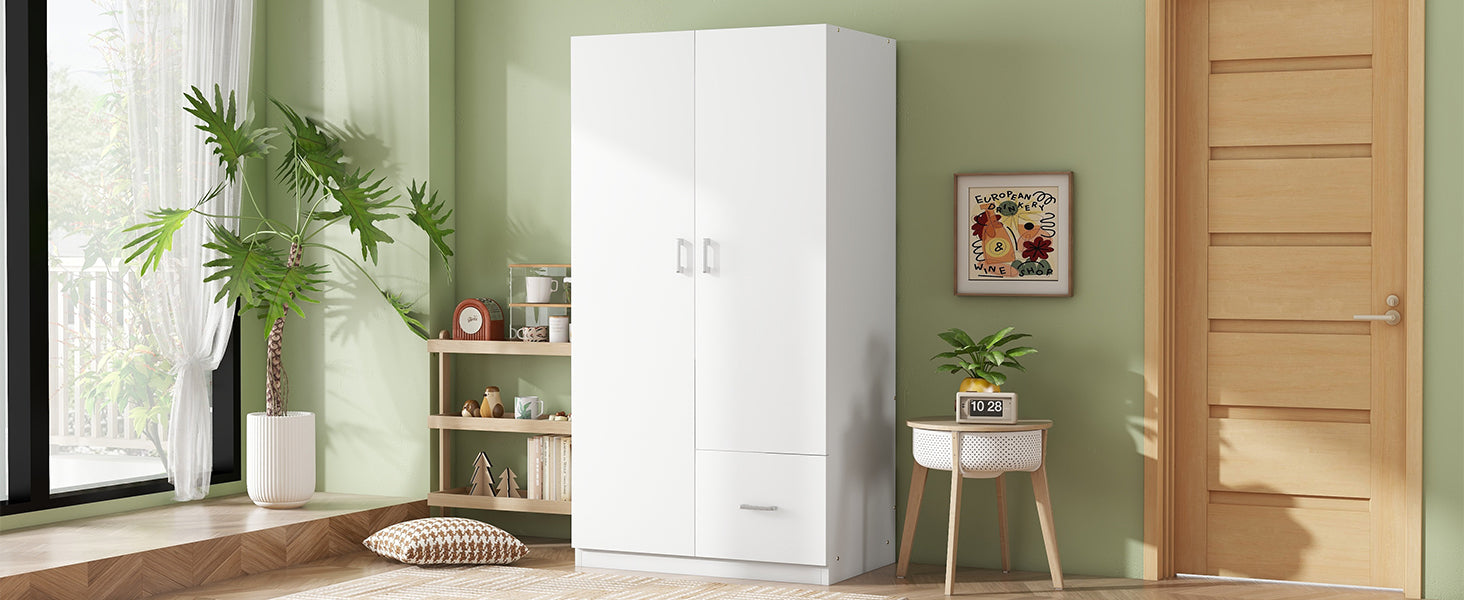 Wooden Wardrobe with Double Doors, Armoire with Hanging Rod, 5 Fixed Shelves, One Storage Drawer,White - Korvel