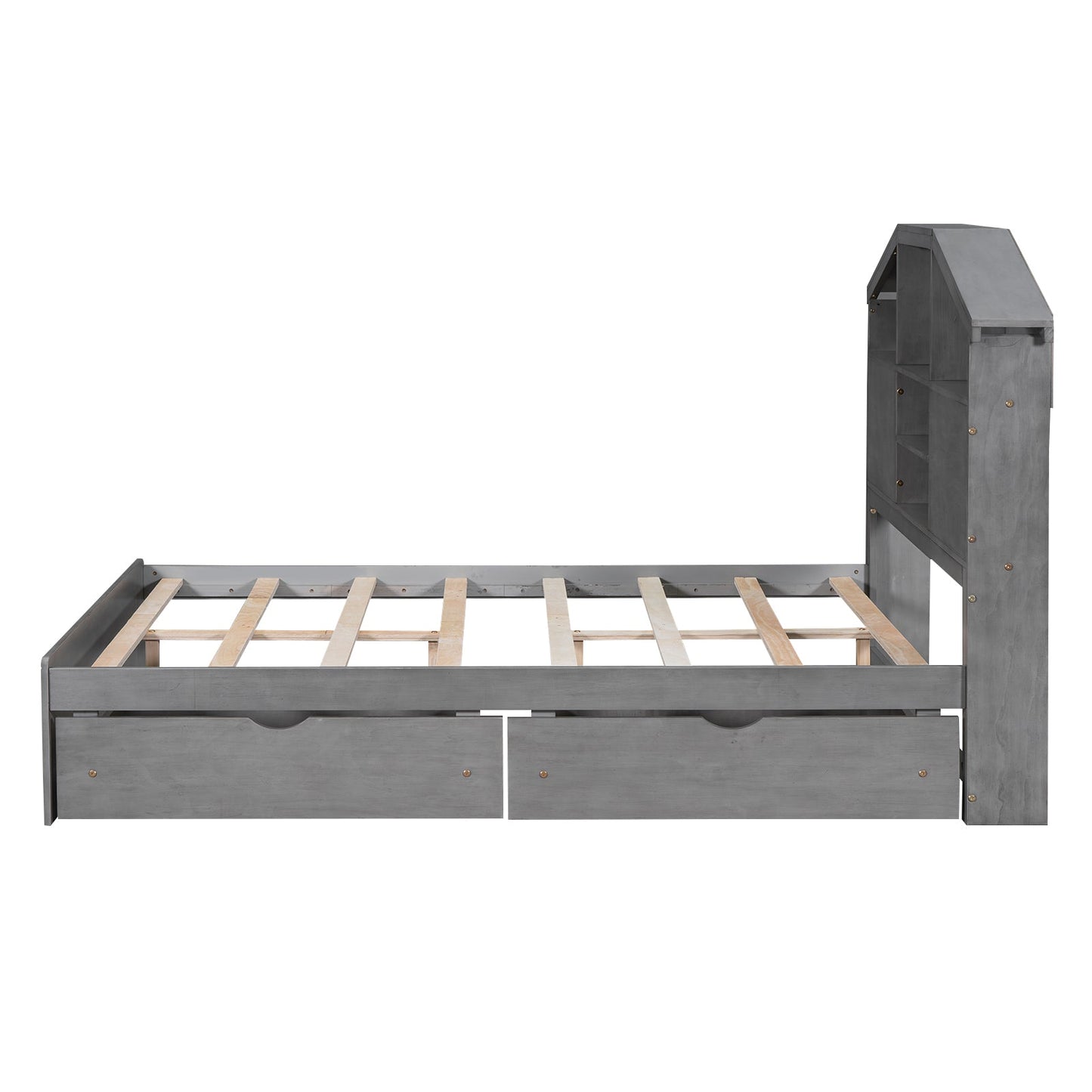 Full Size Wood Platform Bed with Storage Headboard - Gray