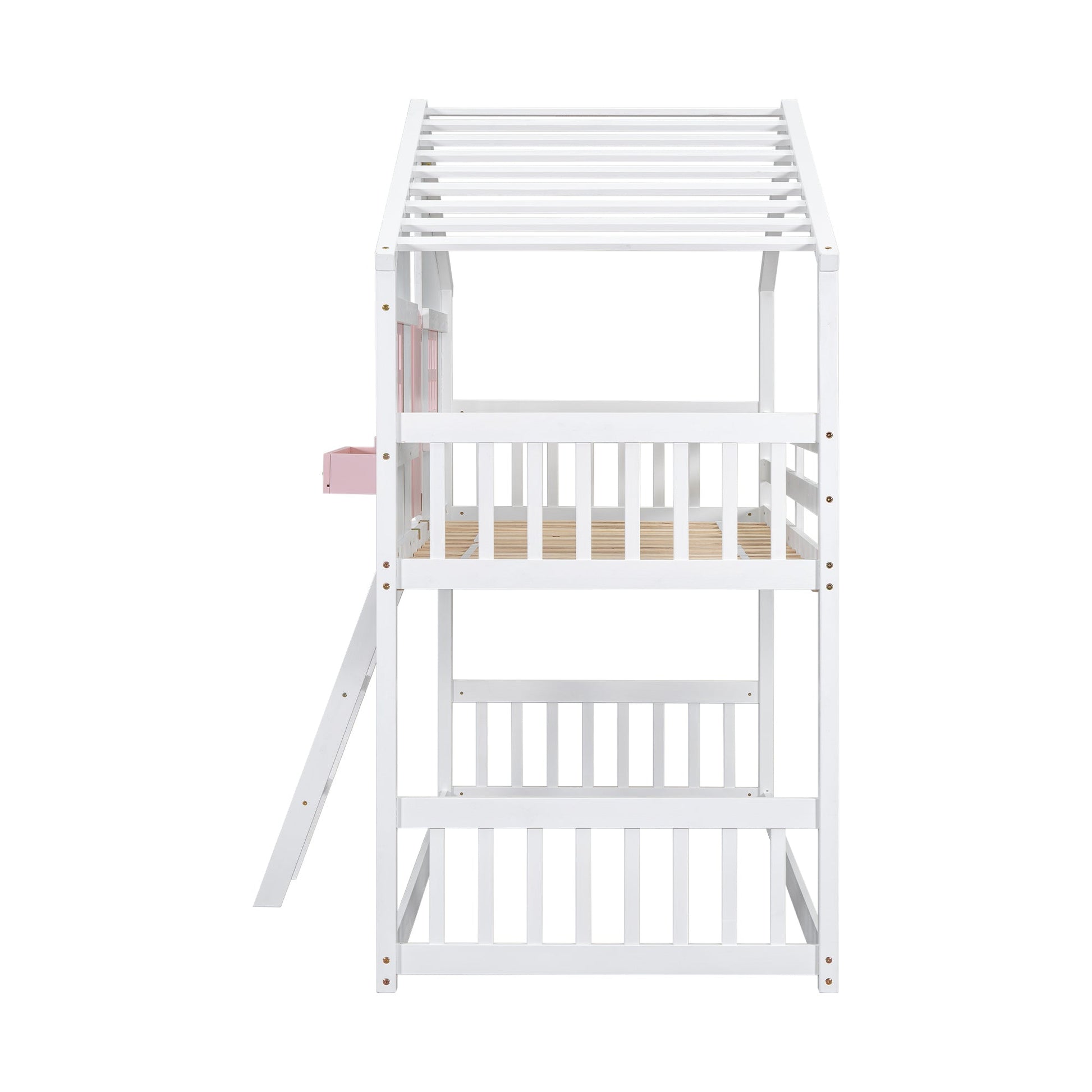 Twin over Twin House Bunk Bed with Roof , Window, Window Box, Door , with Safety Guardrails and Ladder, Pink/White - Korvel