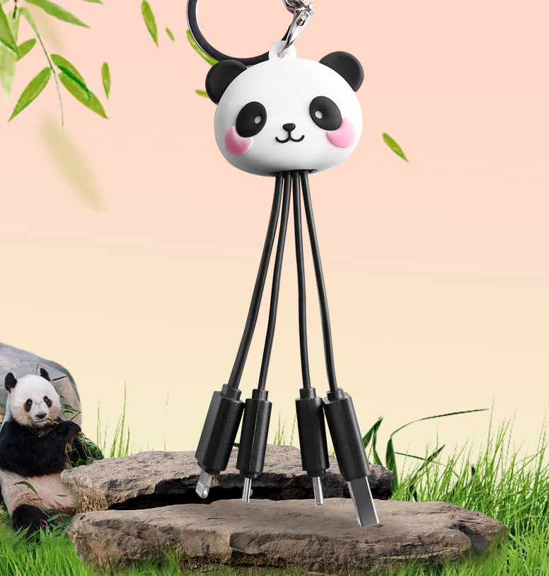 Cartoon Panda One Drag Three Data Wires Cute Keychain Panda Three in One Fast Charging Mobile Phone Charging Cable - Korvel