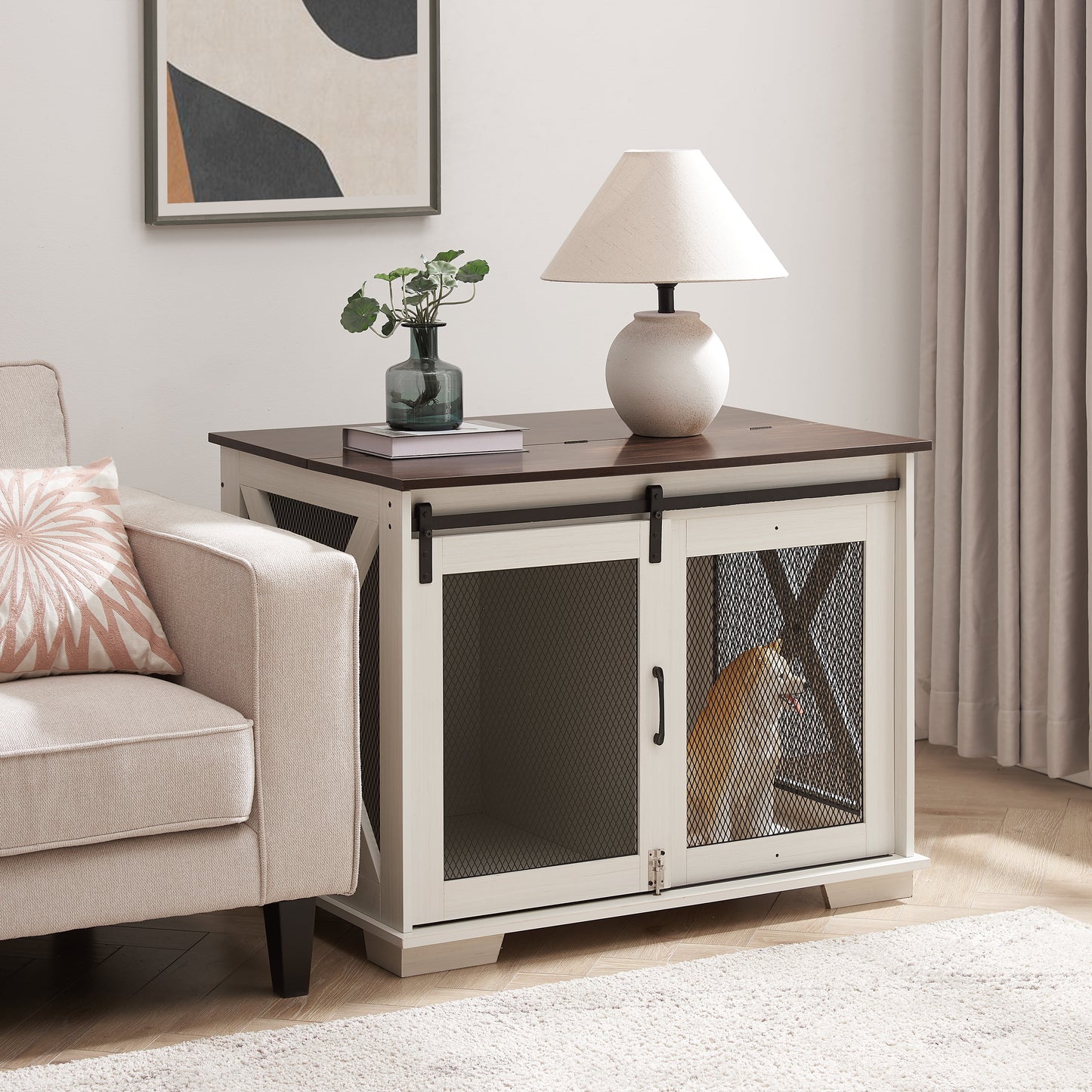 Farm kennel Flat noodles furniture with sliding barn door, farm wooden kennel end table, dog house with removable partition - Korvel