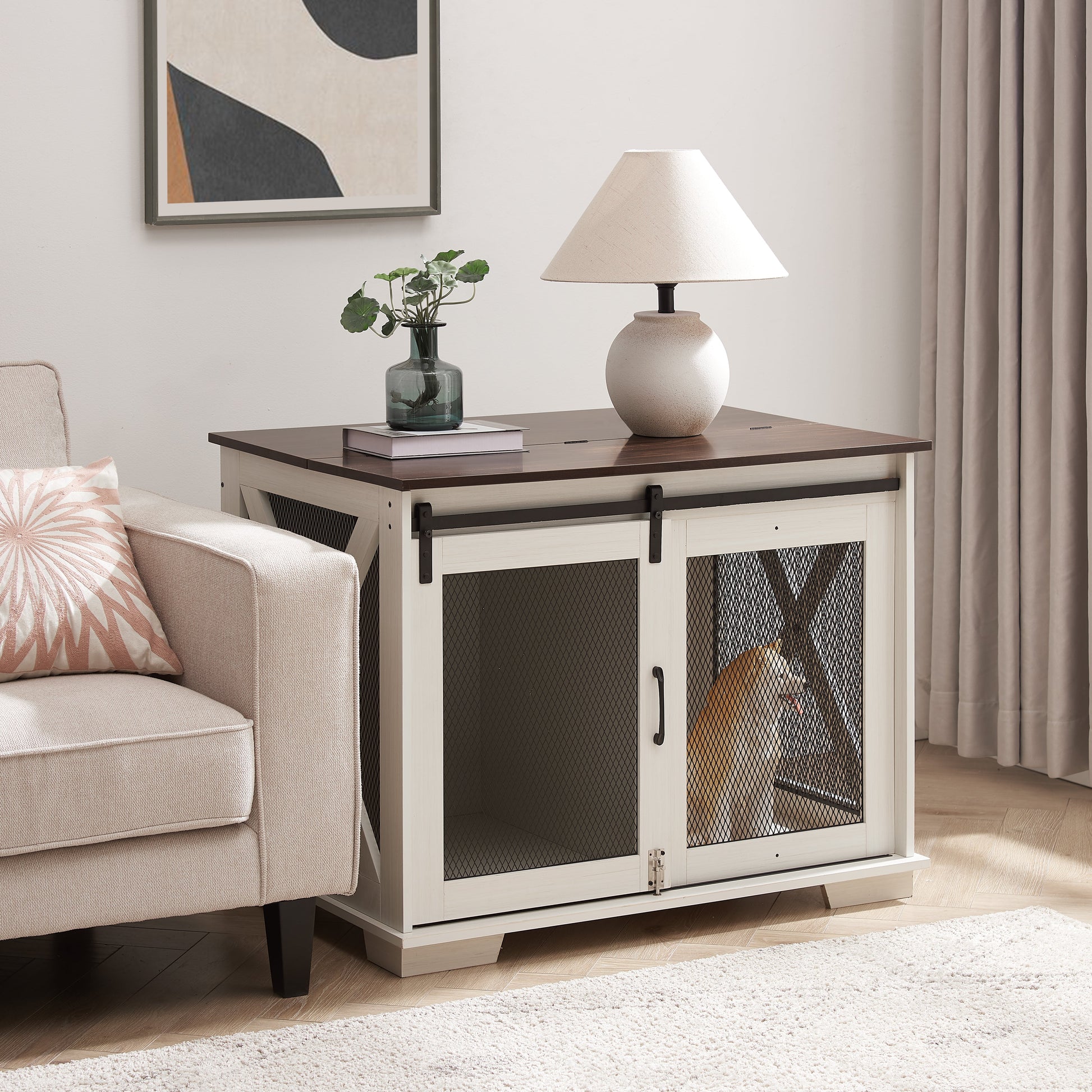 Farm kennel Flat noodles furniture with sliding barn door, farm wooden kennel end table, dog house with removable partition - Korvel