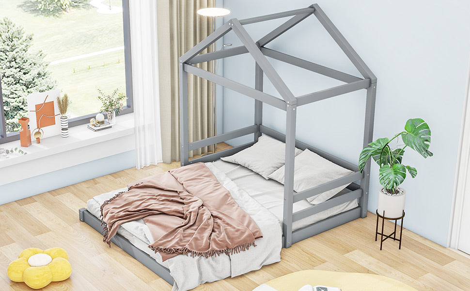 Wood Full Size House Bed with Guardrail, Grey - Korvel