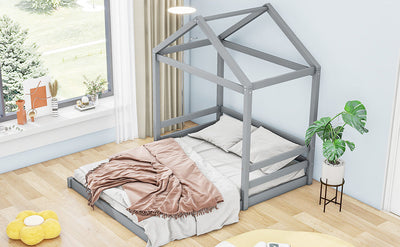 Wood Full Size House Bed with Guardrail, Grey - Korvel