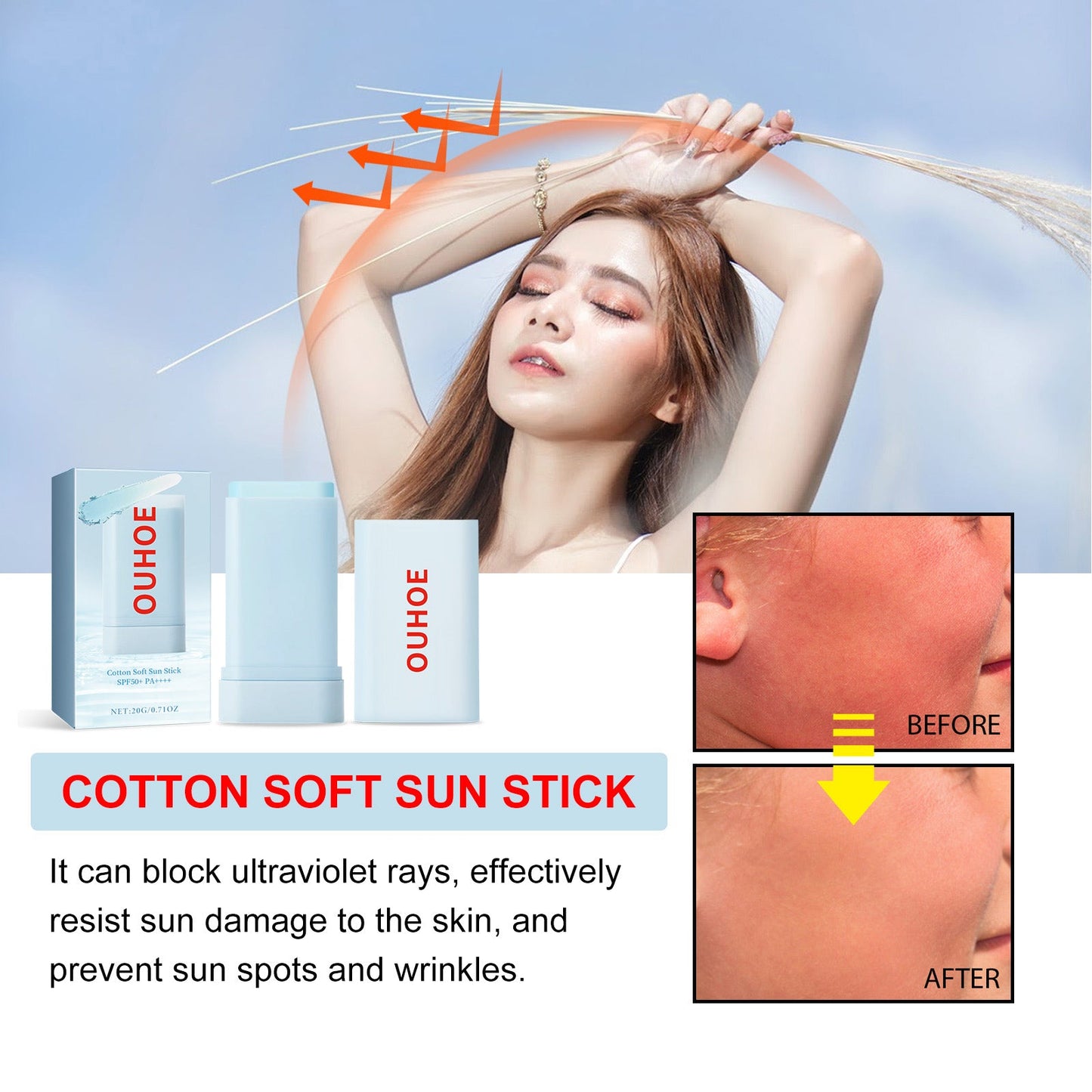 Cotton Soft Protective Rod, Summer Outdoor Resist Uv Moisturizing Refreshing Non-Sticky Comfortable Skin Feeling - Korvel