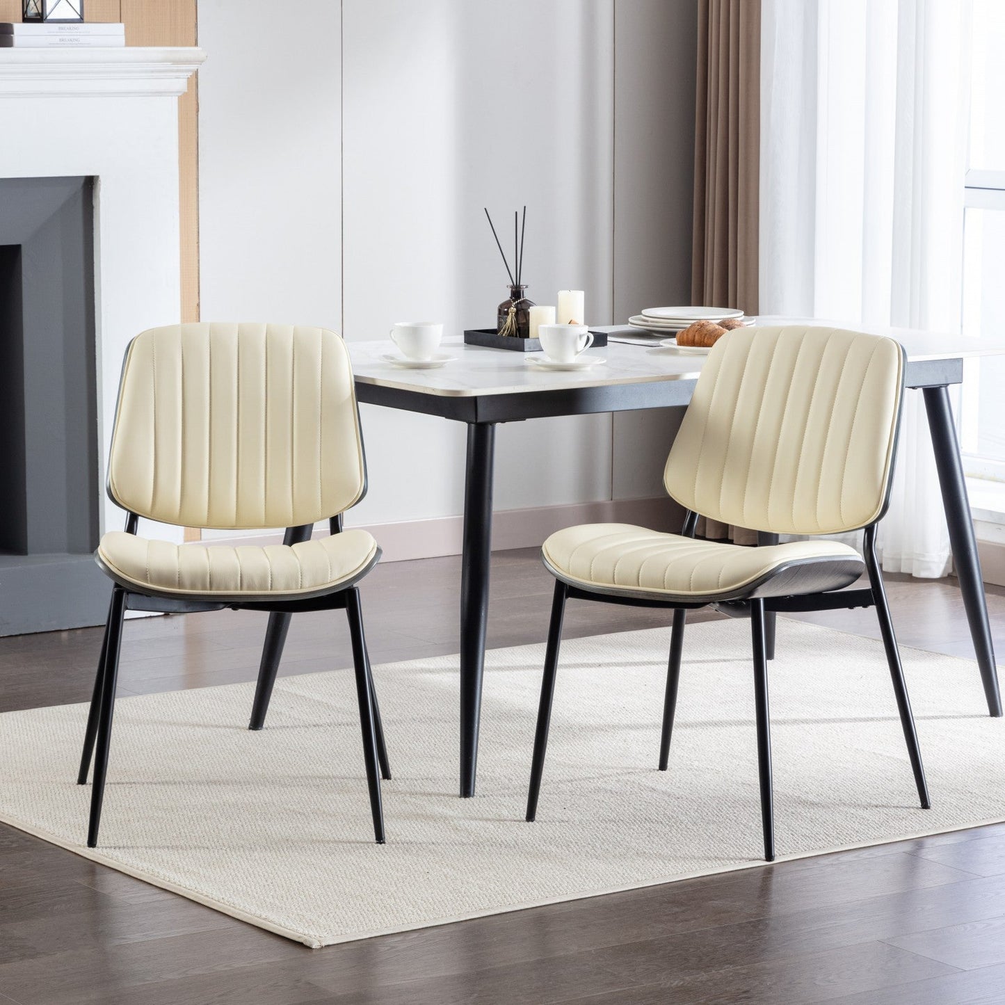 2-piece retro linen chair set with curved wooden backrest, cushioned seat, adjustable metal legs, (Beige PU) - Korvel