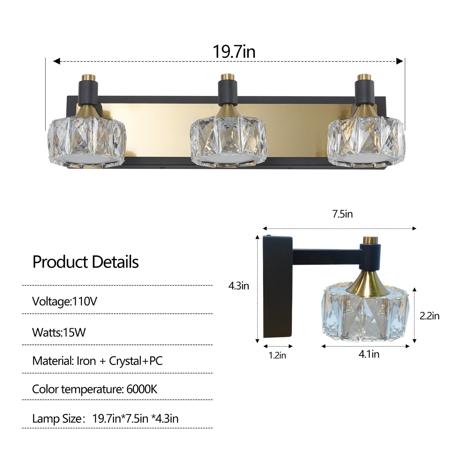 LED 3-Light Modern Crystal Bathroom Vanity Light Over Mirror Bath Wall Lighting Fixtures - Korvel