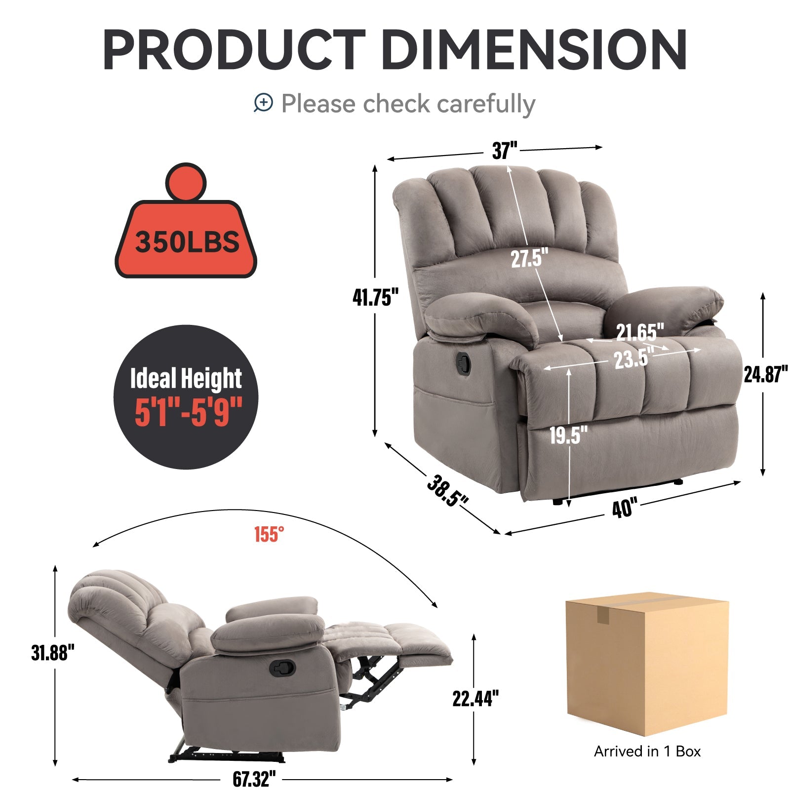 Large Manual Recliner Chair in Fabric for Living Room, Grey - Korvel