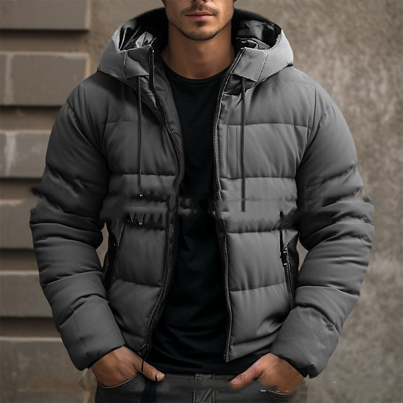 Men's Solid Color Hooded Velvet Cotton Jacket