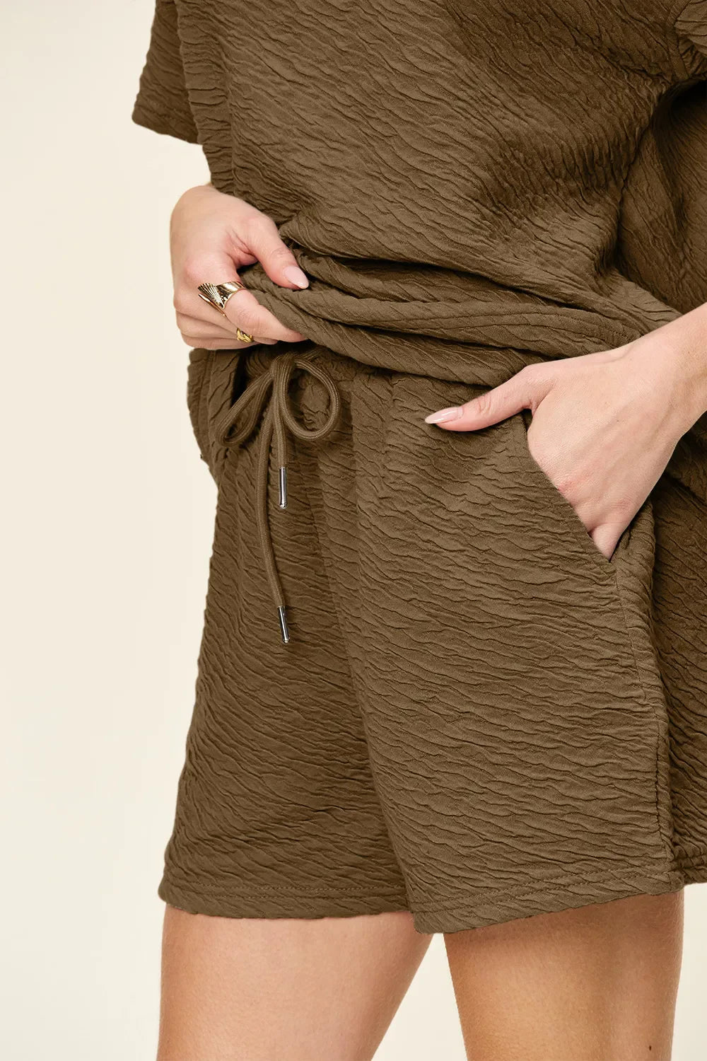 Double Take Full Size Texture T-Shirt and Shorts Set
