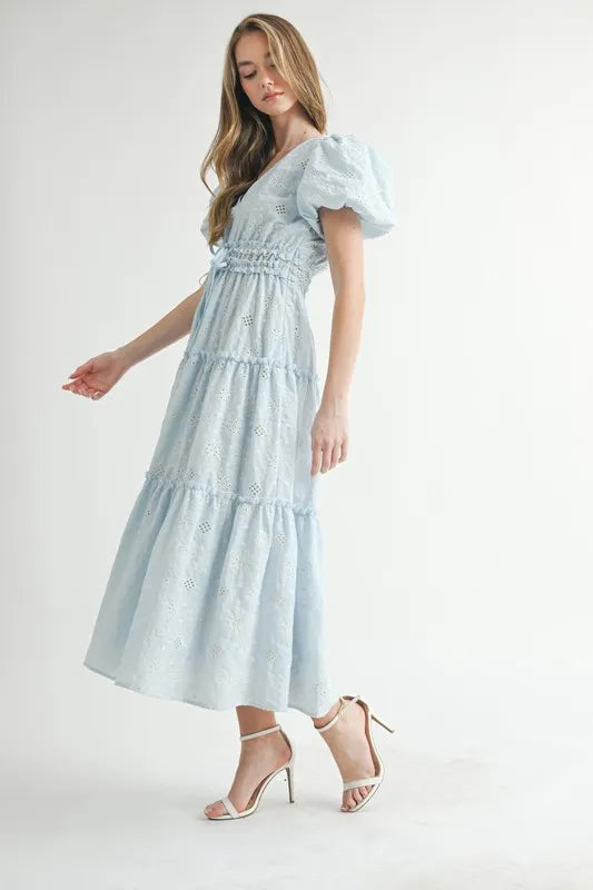 Elegant Eyelet Lace Puff Sleeve Midi Dress for Women