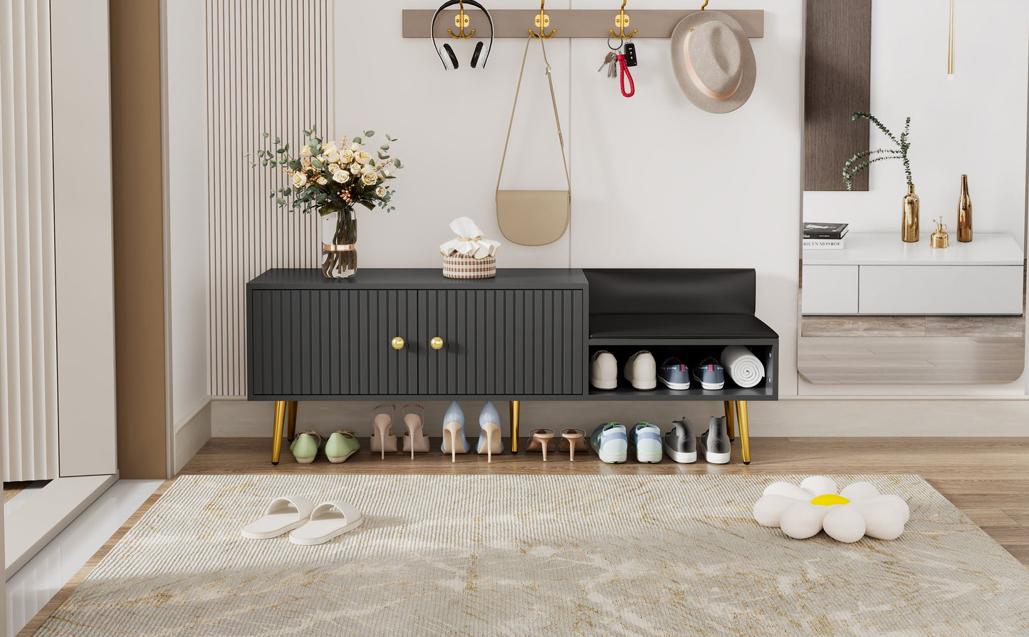 Modern Shoe Storage Bench with Hidden Storage and Upholstered Cushions for Bedside, Living Room and Entryway (Gray) - Korvel