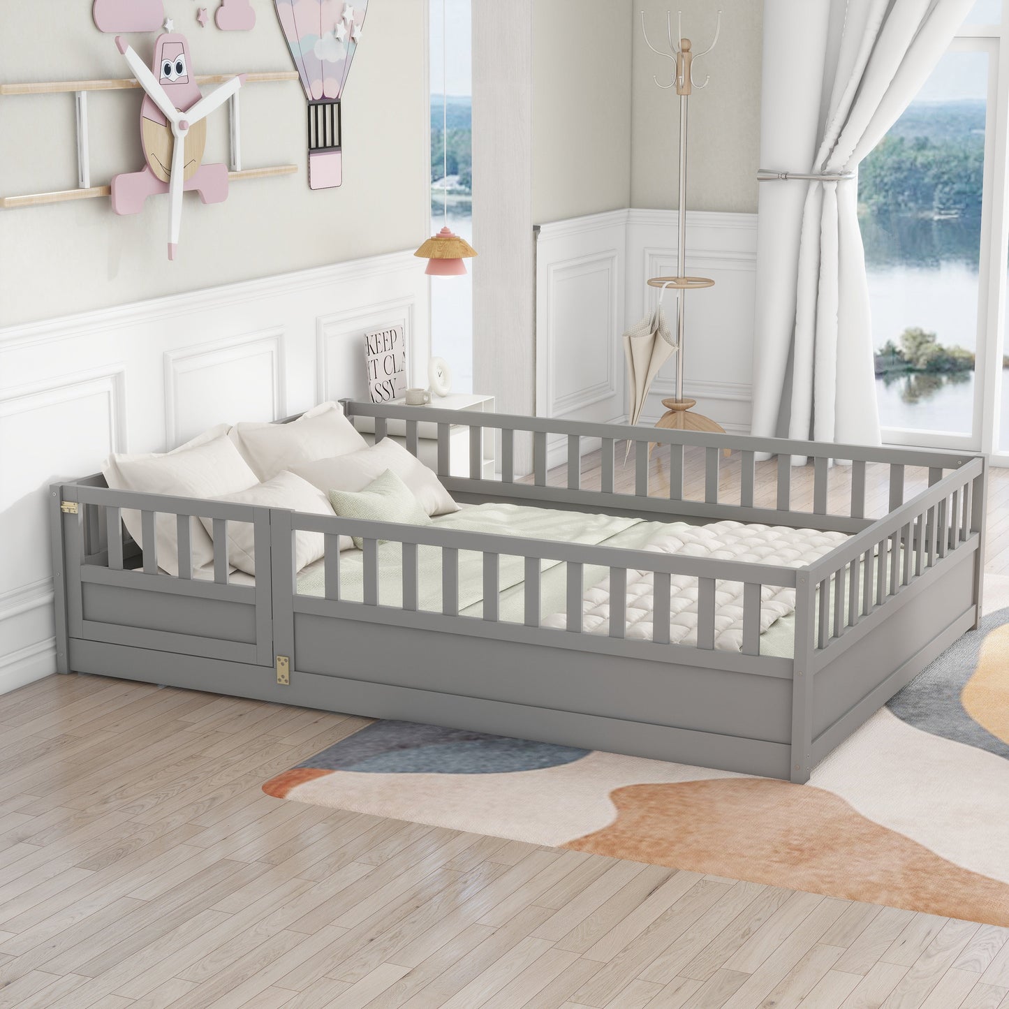 Full size floor bed, children's floor bed frame, Montessori wood floor bed, support Flat noodles gray - Korvel