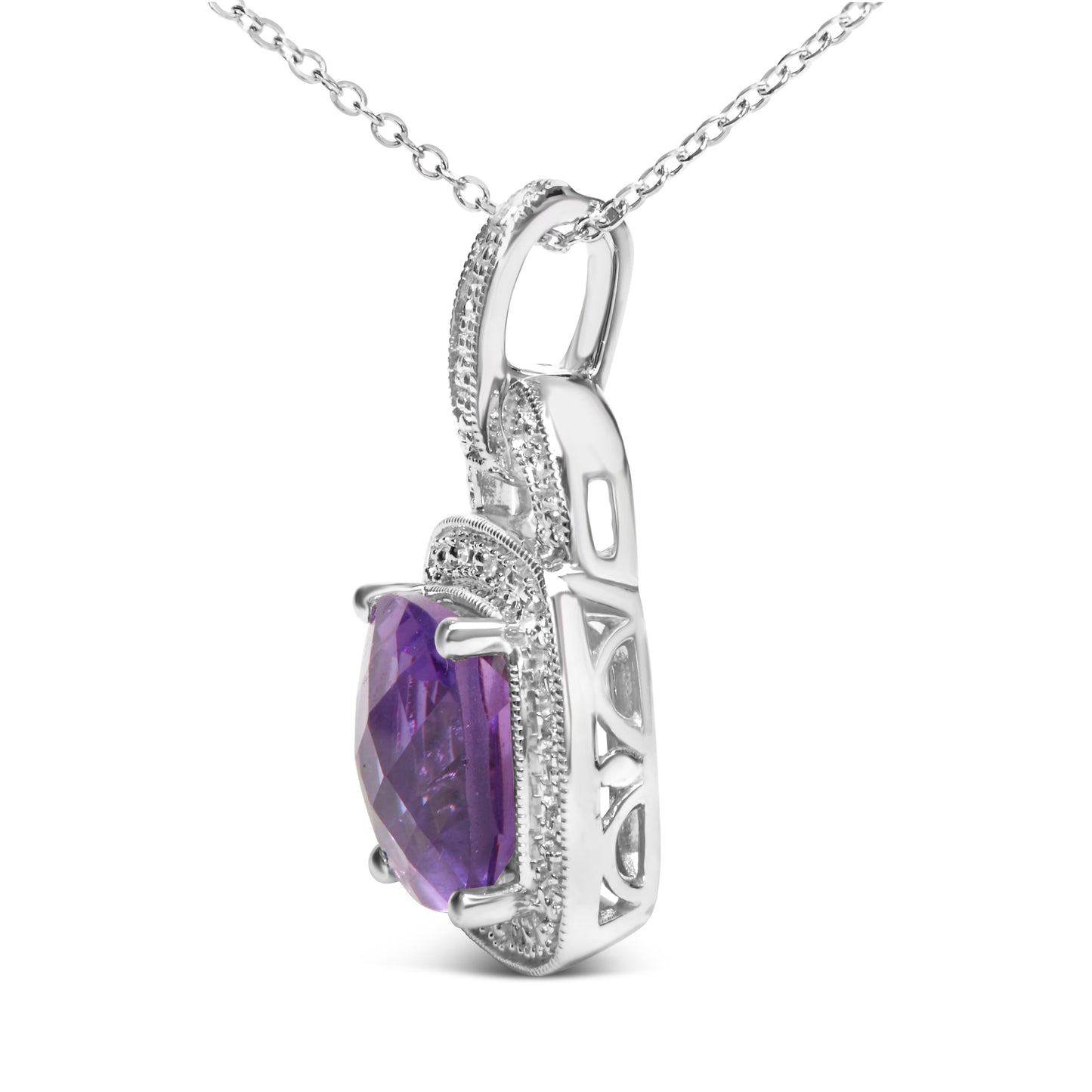 Collier Pendentif en Argent Sterling .925 avec Améthyste Pourpre en Taille Coussin et Halo de Diaman