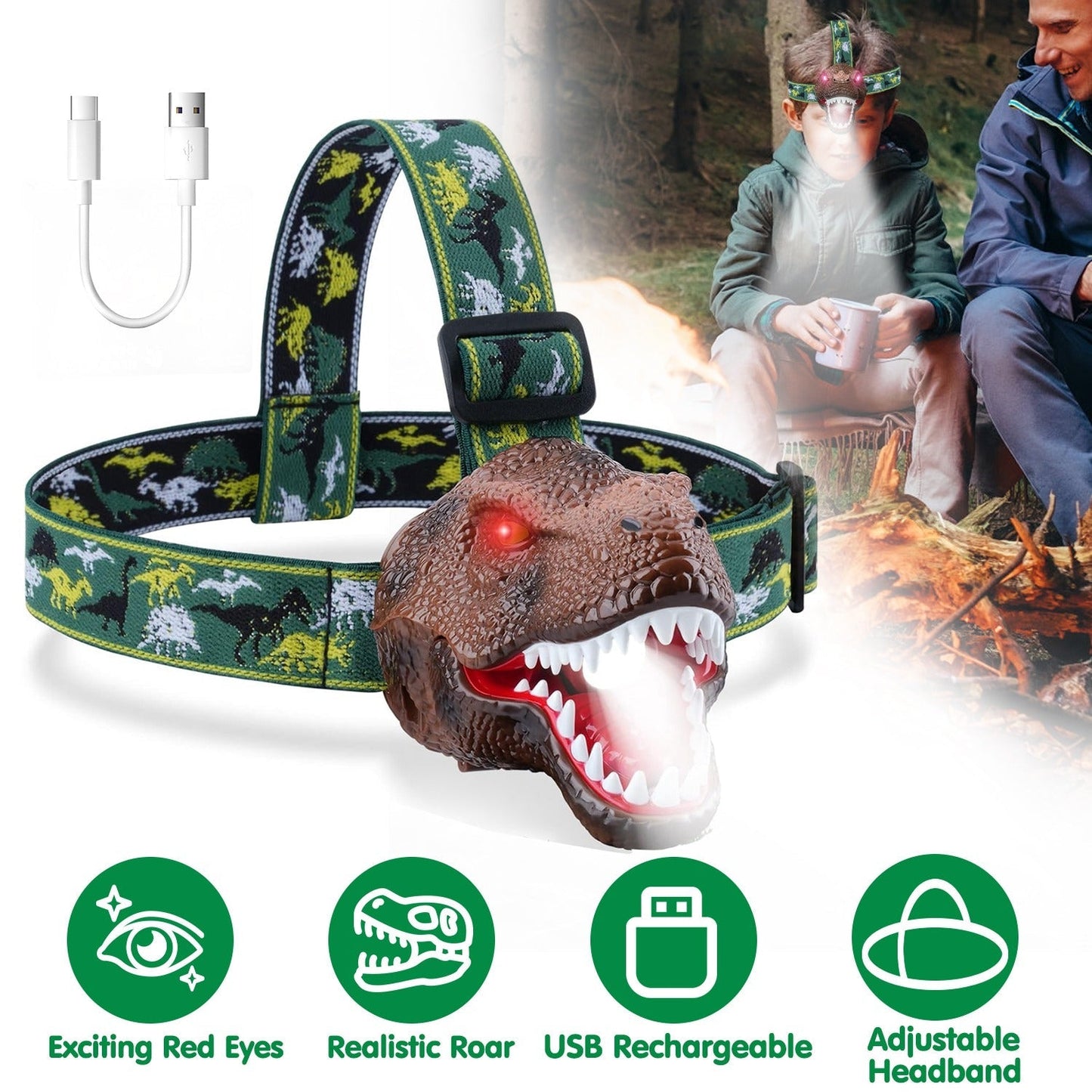 Dinosaur Headlamp for Kids - Adjustable Flashlight with Roar Sound