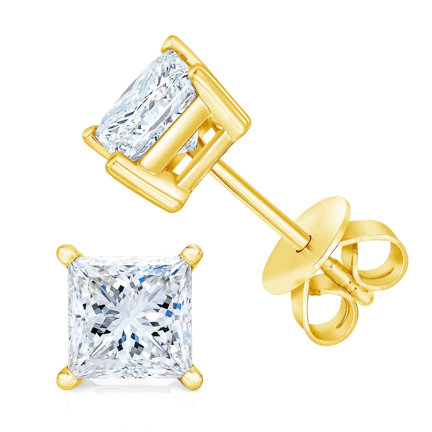 Boucles d'oreilles en diamant solitaire taille princesse en or jaune 14K