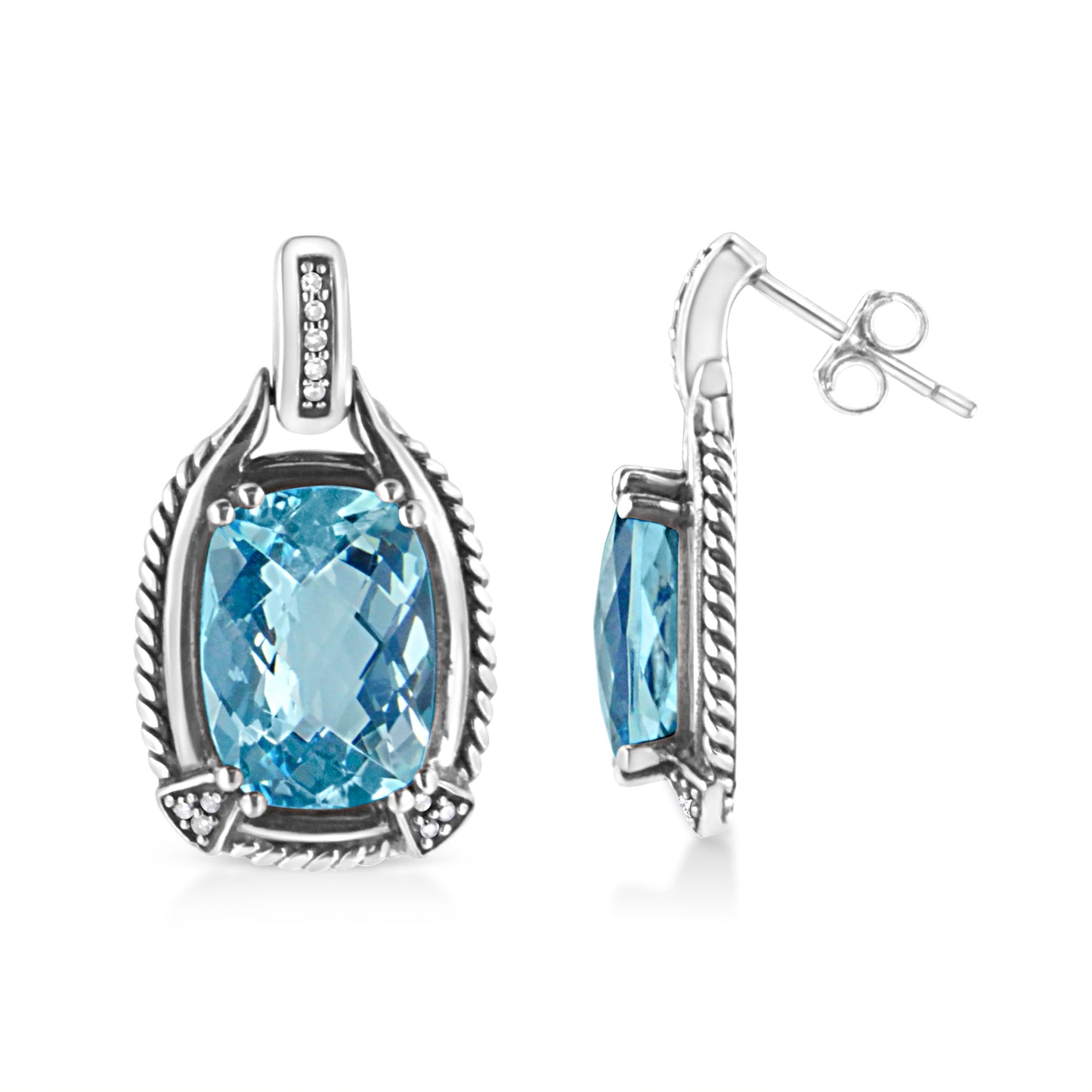 Pendientes Colgantes de Topacio Azul y Diamantes en Plata de Ley .925