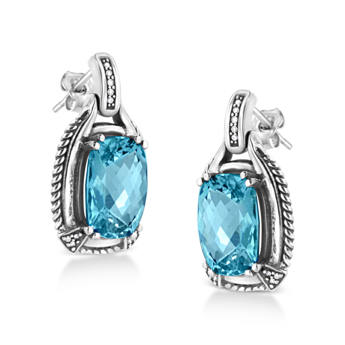 Pendientes Colgantes de Topacio Azul y Diamantes en Plata de Ley .925