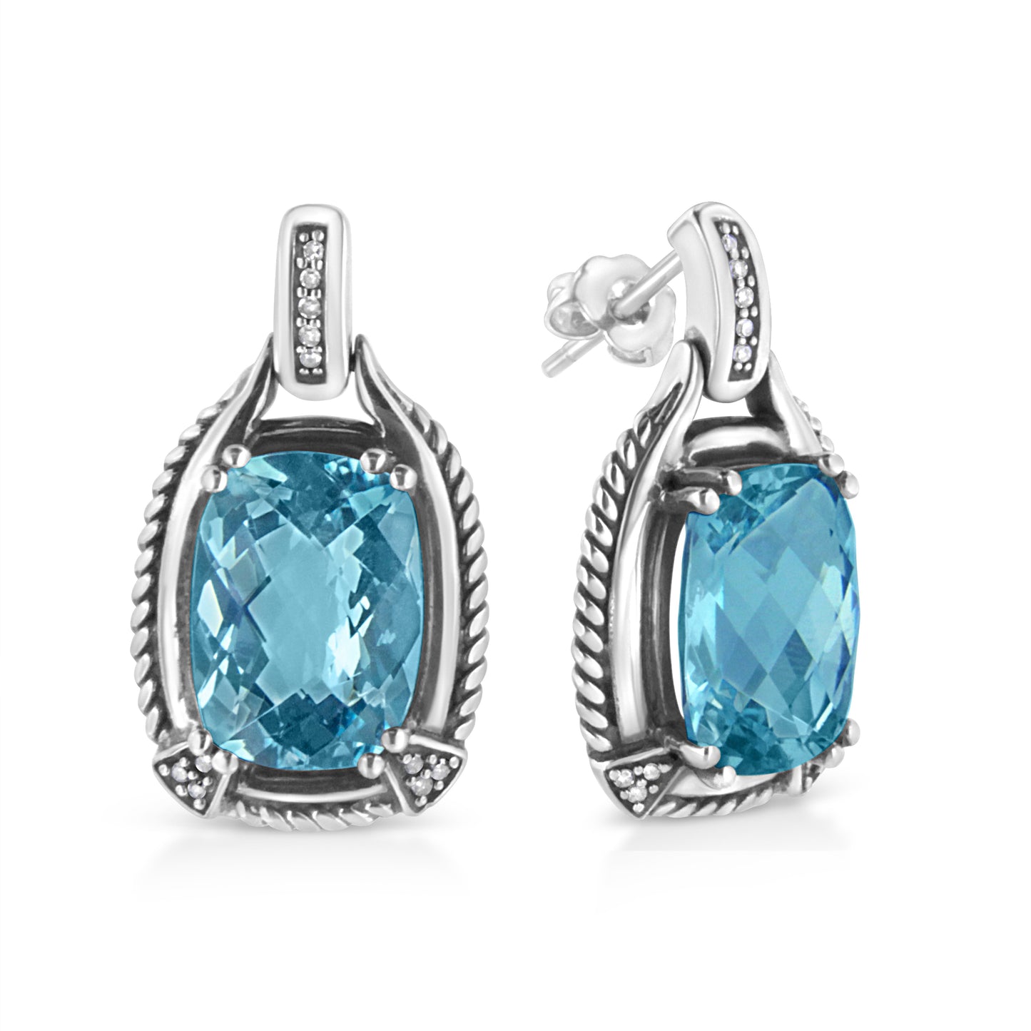 Pendientes Colgantes de Topacio Azul y Diamantes en Plata de Ley .925