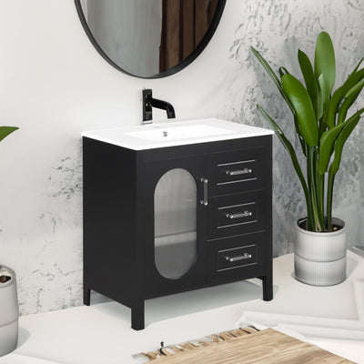 30" Bathroom Vanity with Sink, Bathroom Vanity Cabinet with Two Drawers and Door, Adjustable Shelf, Solid Wood and MDF, Black - Korvel