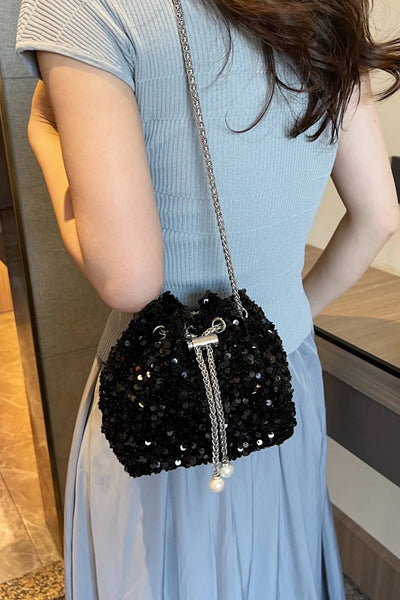 Sequin Chain Drawstring Bucket Bag - Korvel