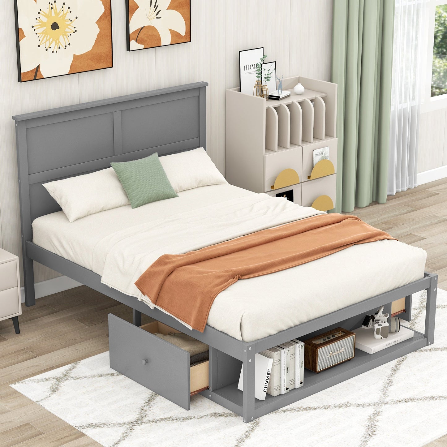 Full Size Platform Bed with Drawer on the Each Side and Shelf on the End of the Bed Gray - Korvel