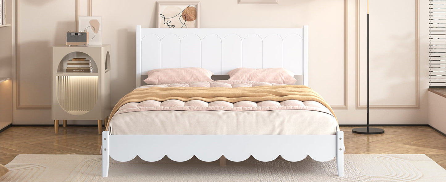 Queen Size Wood Platform Bed Frame, Retro Style Bed with Rectangular Headboard,No Need Box Spring,White - Korvel