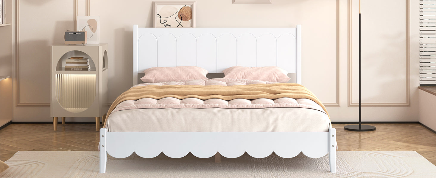 Queen Size Wood Platform Bed Frame, Retro Style Bed with Rectangular Headboard,No Need Box Spring,White - Korvel