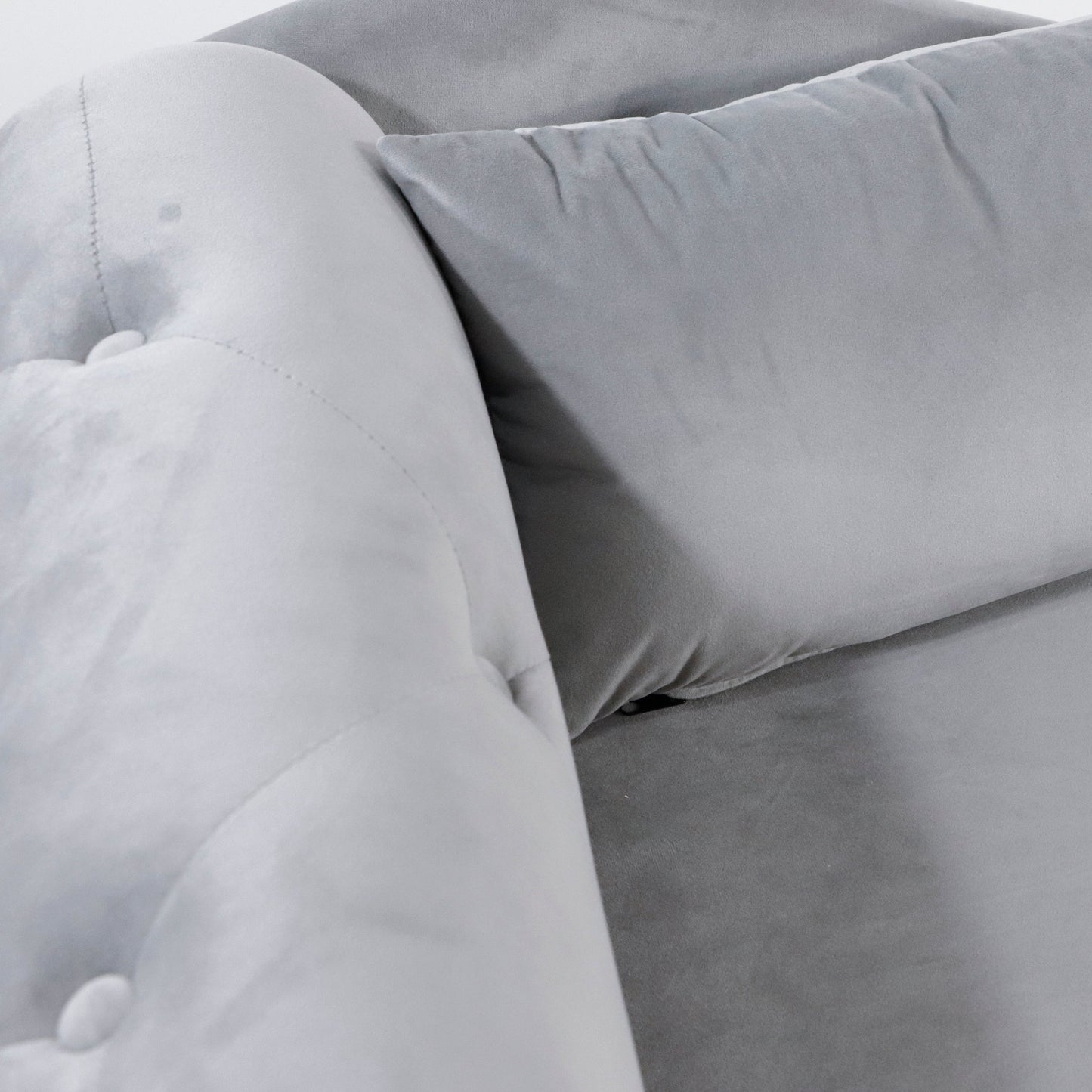 Chaise longue en velours gris avec rangement et coussin