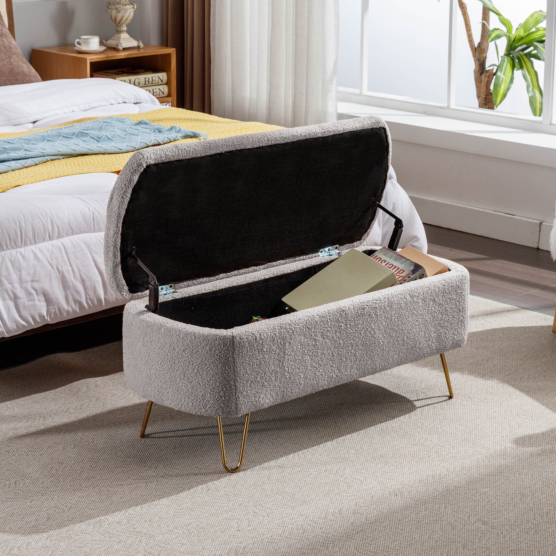 Grey Storage Ottoman Bench for End of Bed Gold Legs Modern Grey Faux Fur Entryway Bench - Korvel