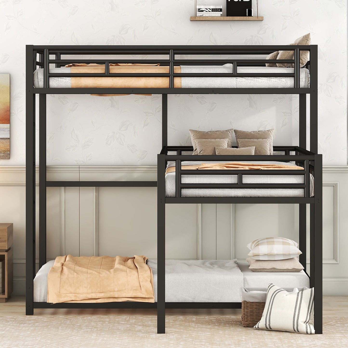 L-shaped Metal Triple Twin Size Bunk Bed, Black - Korvel