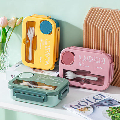 Microwaveable sealed lunch box with compartments and sauce box with cutlery - Korvel