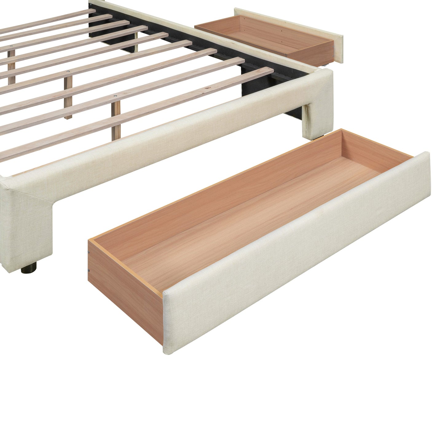 Full Size Upholstered Platform Bed with One Large Drawer in the Footboard and Drawer on Each Side Beige - Korvel