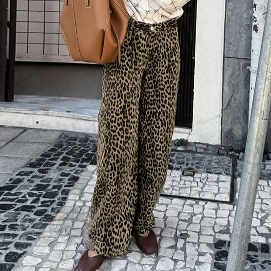 American retro leopard print casual pants with high waist design niche fashion loose and wide leg pants - Korvel