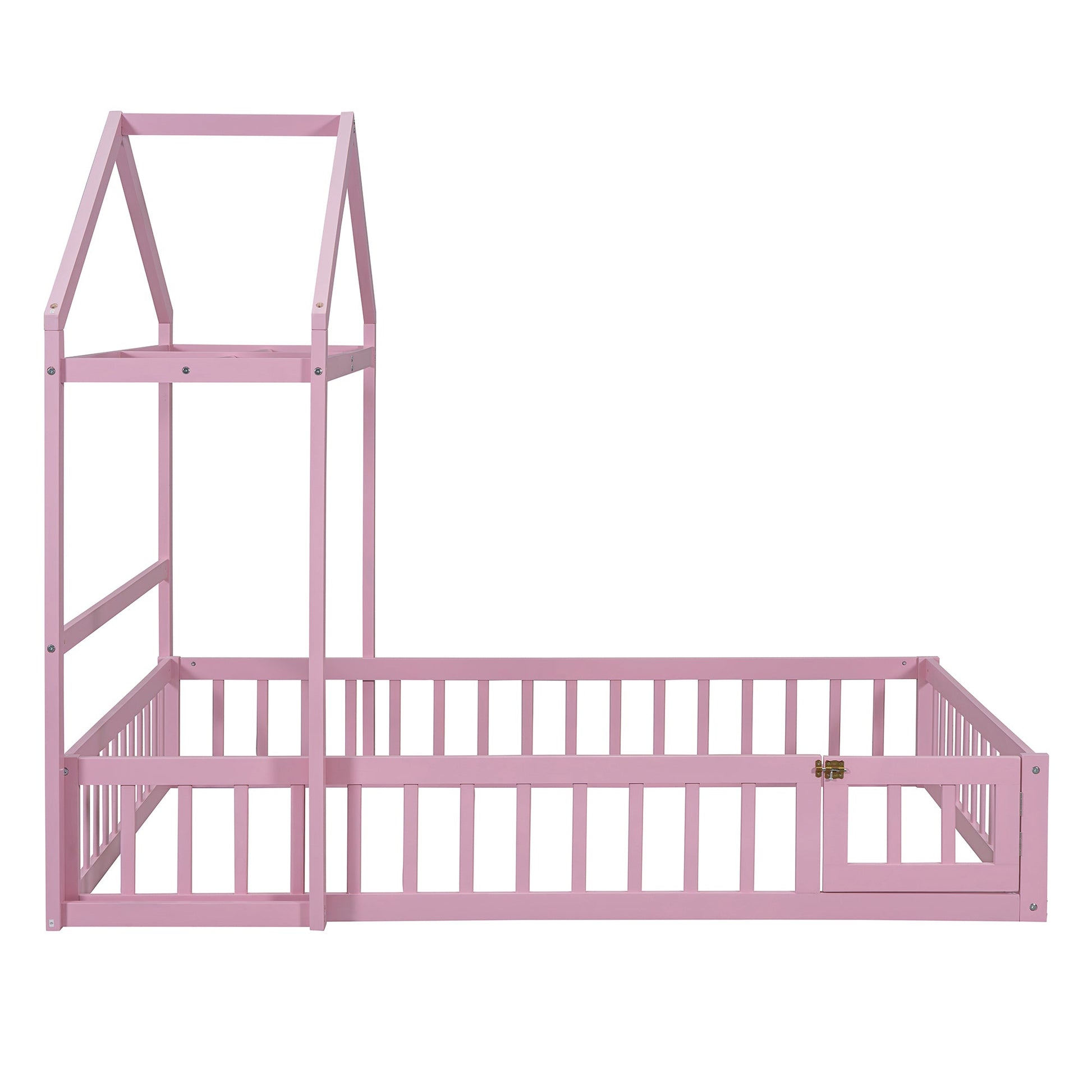 Wooden Full Size Children's Bed with Detachable Headboard and Integrated Clothes Drying Rack, Pink - Korvel
