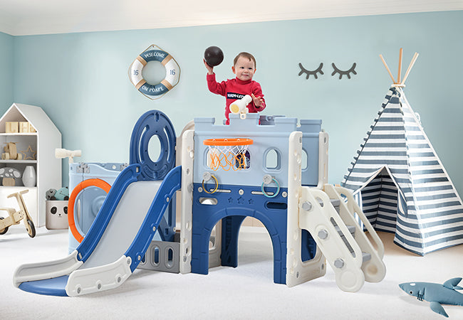 Toddler Pirate Ship Slide Set with Basketball Hoop