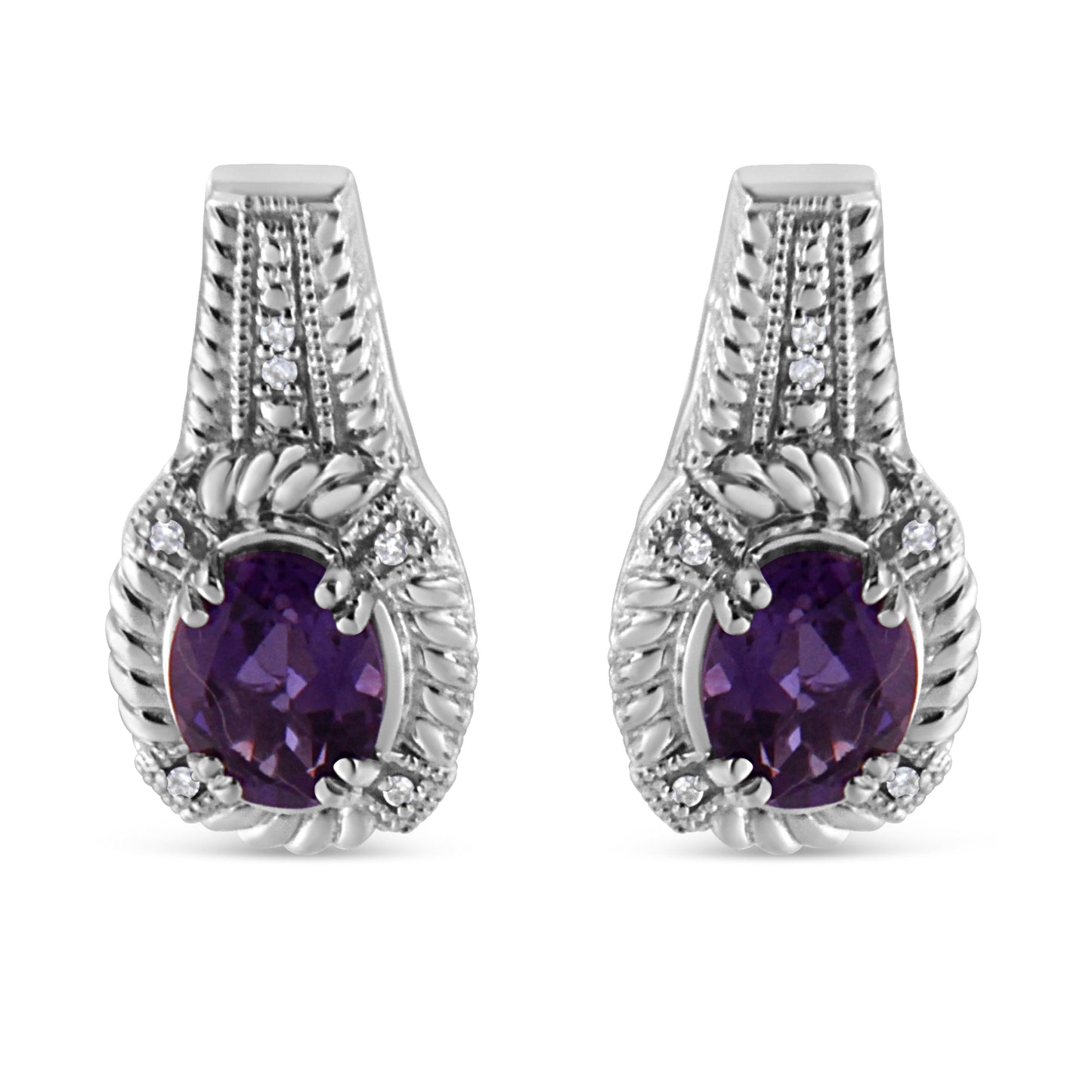 Boucles d'oreilles en argent sterling .925 avec améthyste naturelle ovale et accents de diamant