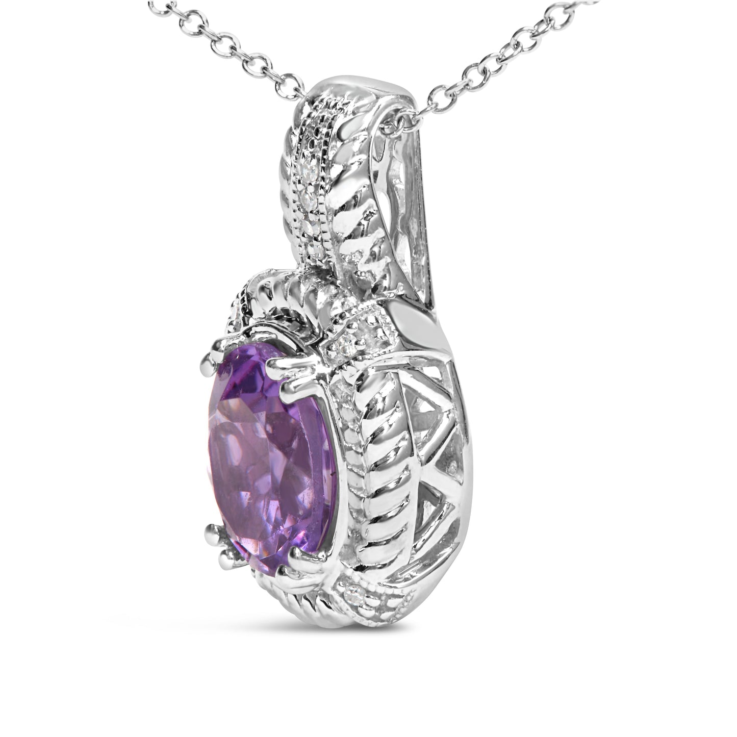Collar de Colgante de Amatista y Diamante en Plata de Ley .925