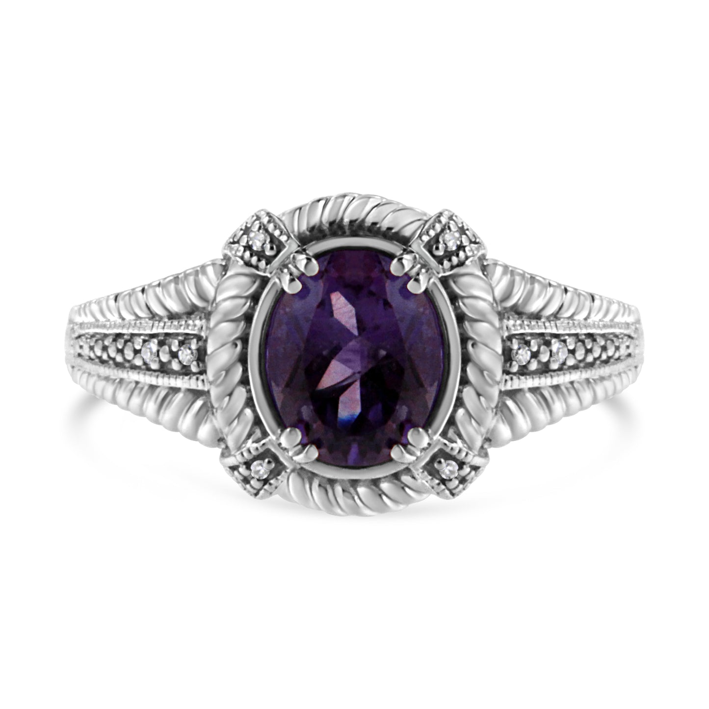 .925 Sterling Silver Amethyst and Diamond Accent Ring - Size 7
